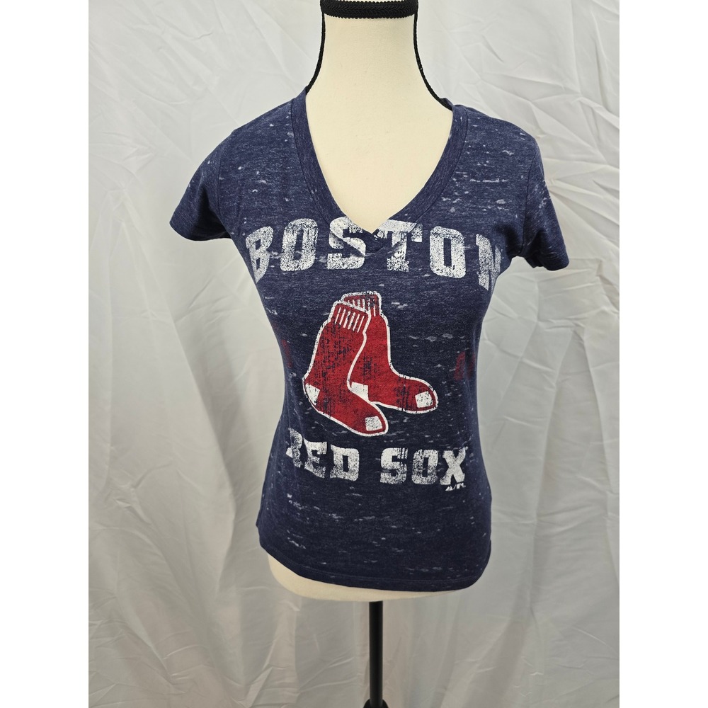 Majestic Boston Red Sox Navy Blue V-Neck Graphic T-Shirt Womens Small Distressed